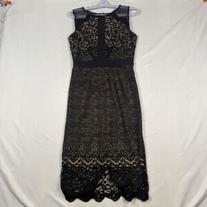 JAX Black Lace Sheer Neck Midi Dress Size 2 Sleeveless Cocktail Party